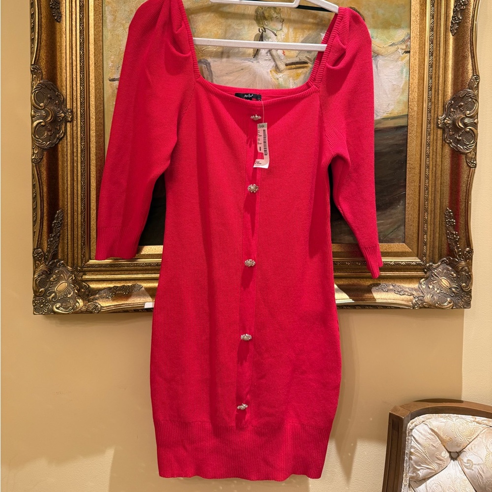 Papaya Scarlet Knit Sweater Dress with Embellished Buttons
